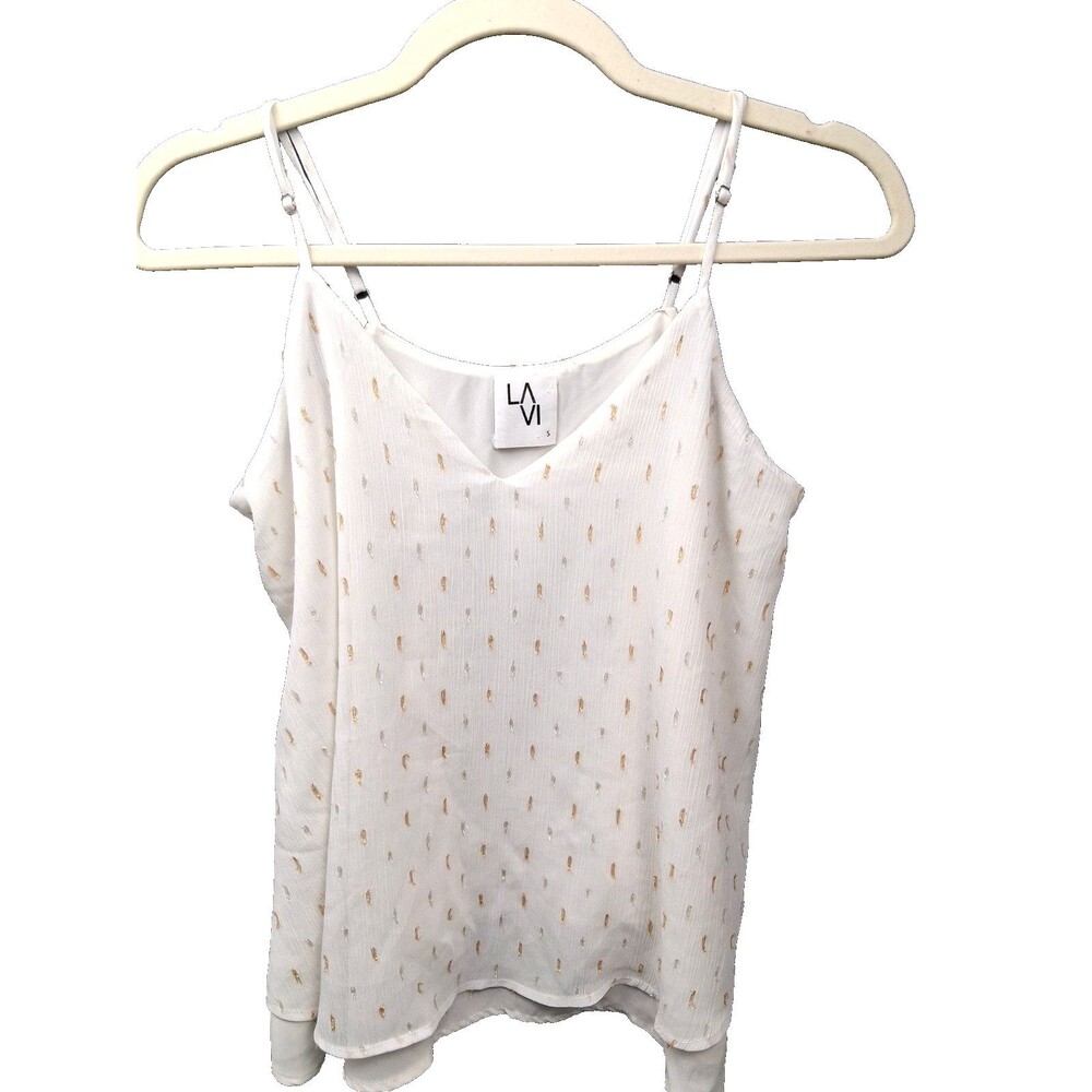 Flowy Lined Cream Tank Adjustable Straps V-neck Silver & Gold Accents Lavi Sz S